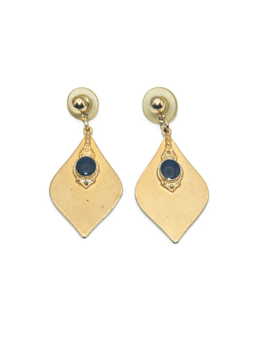 Vintage Gold Tone & Blue Resin Dangle Earrings with Post Backs for Pierced Ears.